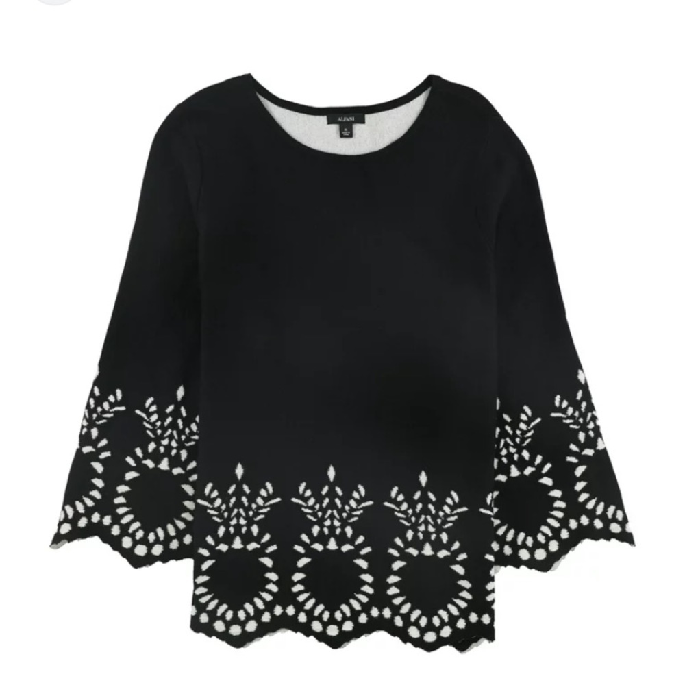 ALFANI Black Scallop Design Pineapple Knit Comfortable Sweater - Size M